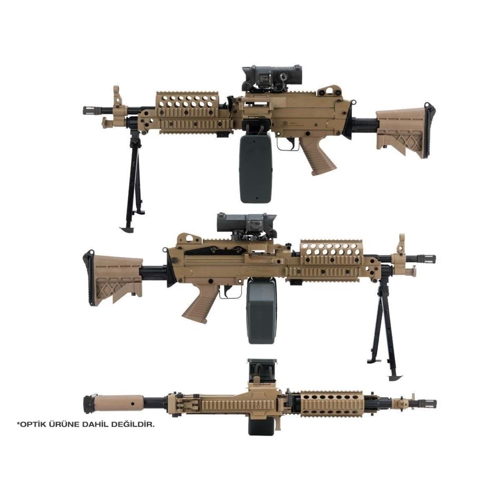 AK FN Herstal Lisanslı M249 Full Metal Gövdeli SAW Makinalı MK46 Airsoft Tüfek - Çöl Rengi
