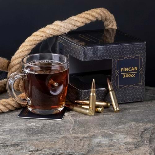 Gerçek .308 Mermili Özel Fıncan Kulplu Kahve Bardağı Hediyelik 340cc