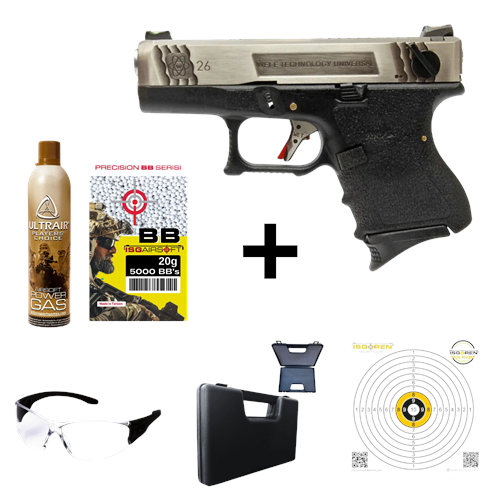 WE GLOCK26 G26 FullAuto T7 GBB Airsoft Tabanca Seti-Silver