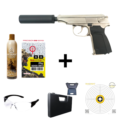 WE MAKAROV Susturuculu SILVER Airsoft GBB Tabanca Seti
