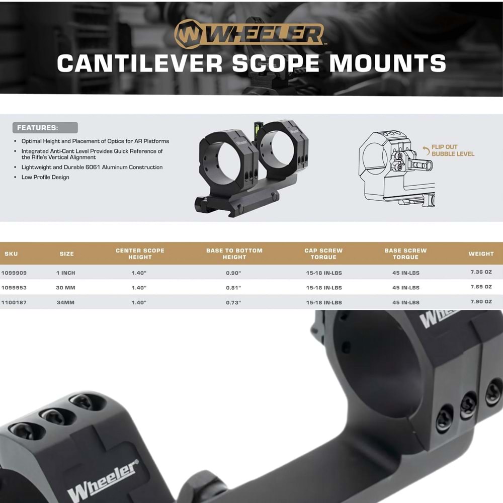 Wheeler Cantilever Scope Mount 34mm – Dürbün Montaj Aparatı, Entegre Seviye Göstergeli (1100187)