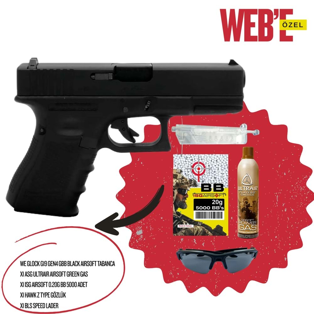 WE GLOCK G19 GEN4 GBB BLACK AIRSOFT TABANCA SETİ