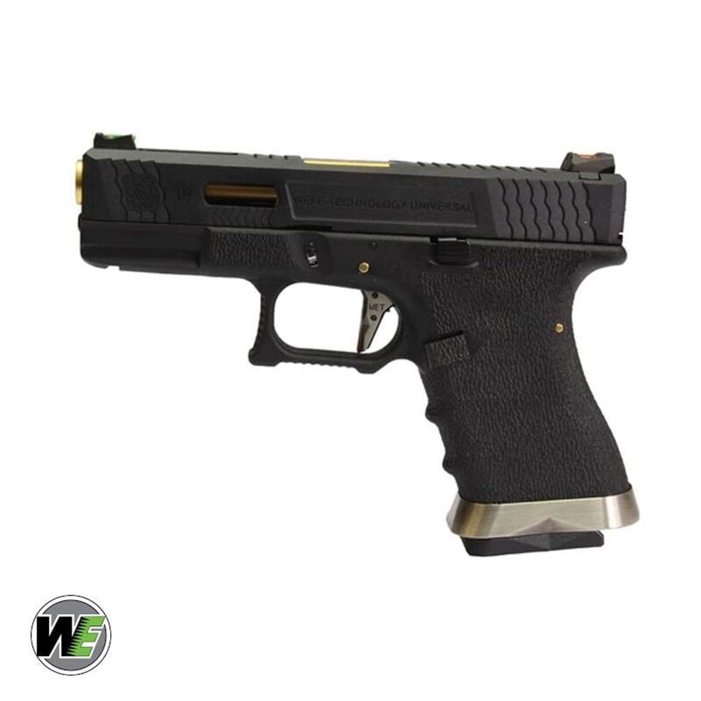 WE Glock G19 T1 SIYAH GOVDE (Siyah Kızak / Altın Namlu) GBB Airsoft Tabanca